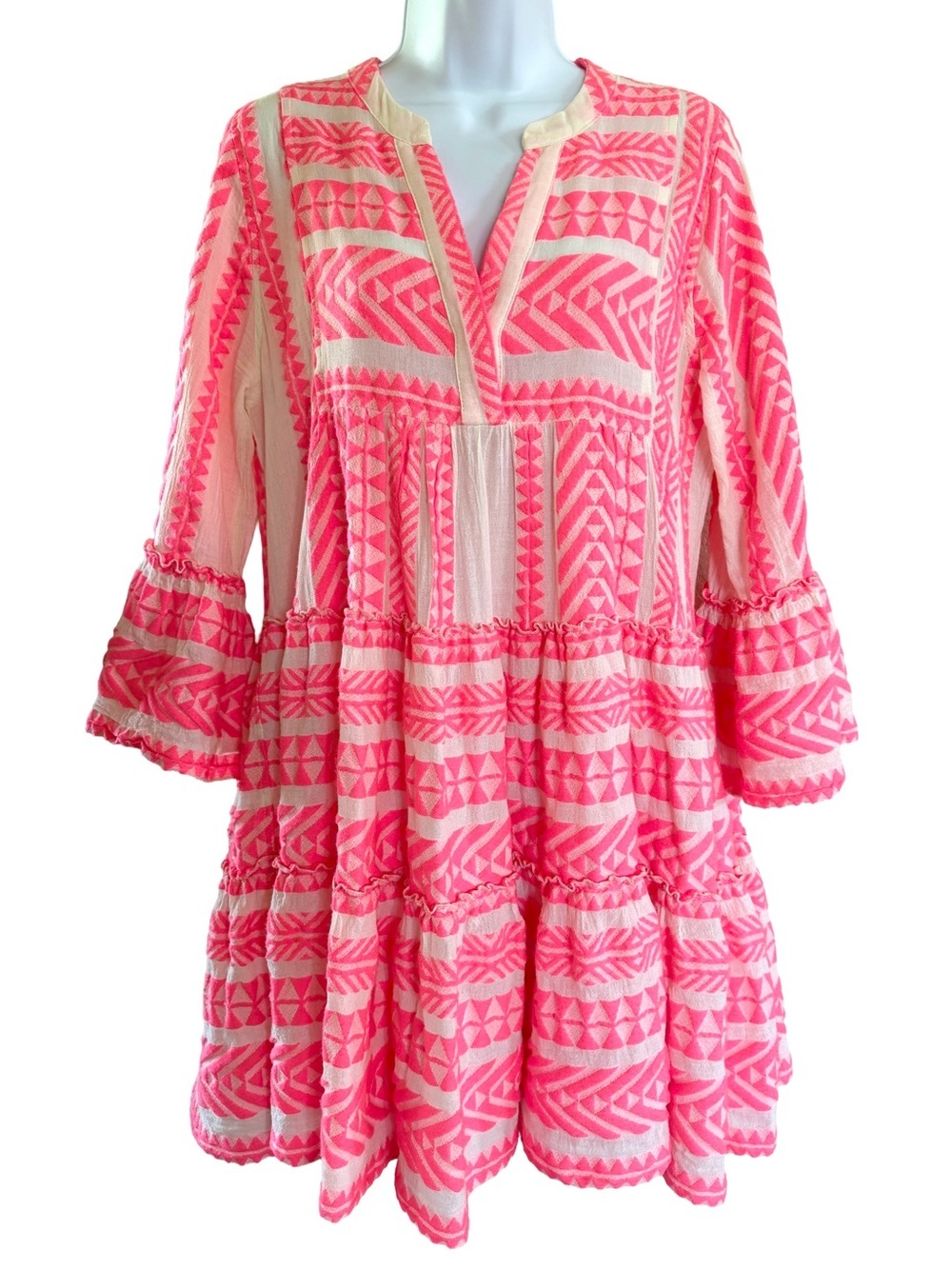 Devotion Twins Ella Tunic Dress Neon Pink White Embroidered Boho S